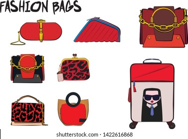 Set of red women's bags.  Vector fashion illustration isolated on a white background. 
Different types of stylish bags, satchel, saddle, hobo, doctor, clutch, duffel, tote, barrel, suitcase 
