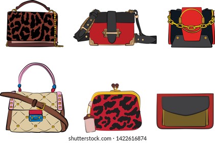 Set of red women's bags.  Vector fashion illustration isolated on a white background. 
Different types of stylish bags, satchel, saddle, hobo, doctor, clutch, duffel, tote, barrel, suitcase 
