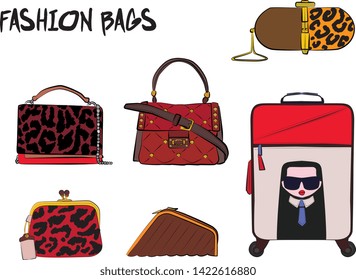 Set of red women's bags.  Vector fashion illustration isolated on a white background. 
Different types of stylish bags, satchel, saddle, hobo, doctor, clutch, duffel, tote, barrel, suitcase 
