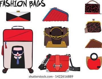 Set of red women's bags.  Vector fashion illustration isolated on a white background. 
Different types of stylish bags, satchel, saddle, hobo, doctor, clutch, duffel, tote, barrel, suitcase 

