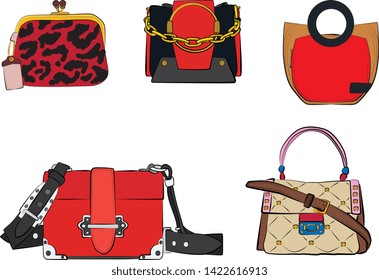 Set of red women's bags.  Vector fashion illustration isolated on a white background. 
Different types of stylish bags, satchel, saddle, hobo, doctor, clutch, duffel, tote, barrel, suitcase 
