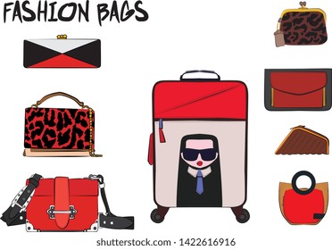 Set of red women's bags.  Vector fashion illustration isolated on a white background. 
Different types of stylish bags, satchel, saddle, hobo, doctor, clutch, duffel, tote, barrel, suitcase 
