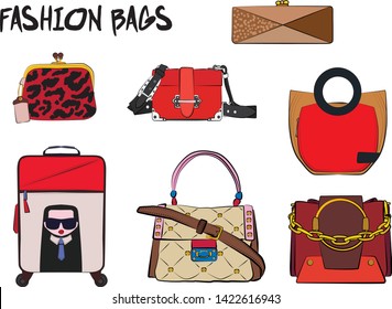 Set of red women's bags.  Vector fashion illustration isolated on a white background. 
Different types of stylish bags, satchel, saddle, hobo, doctor, clutch, duffel, tote, barrel, suitcase 
