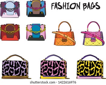 Set of red women's bags.  Vector fashion illustration isolated on a white background. 
Different types of stylish bags, satchel, saddle, hobo, doctor, clutch, duffel, tote, barrel, suitcase 

