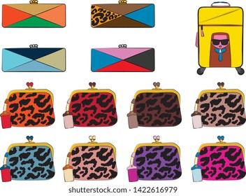 Set of red women's bags.  Vector fashion illustration isolated on a white background. 
Different types of stylish bags, satchel, saddle, hobo, doctor, clutch, duffel, tote, barrel, suitcase 
