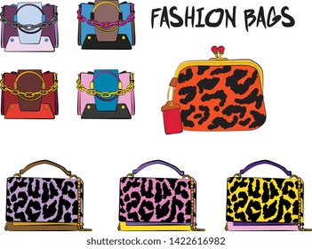 Set of red women's bags.  Vector fashion illustration isolated on a white background. 
Different types of stylish bags, satchel, saddle, hobo, doctor, clutch, duffel, tote, barrel, suitcase 
