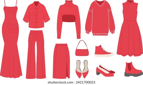 conjunto de prendas de vestir rojas de mujeres de moda arco de estilo plano, vector