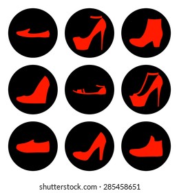 Set of red women's shoes icons. Vector illustration