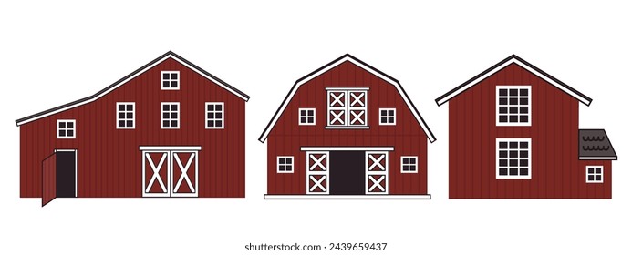 Set of red wooden barns with windows, doors. Isolated vector line flat cartoon houses icons on the white background