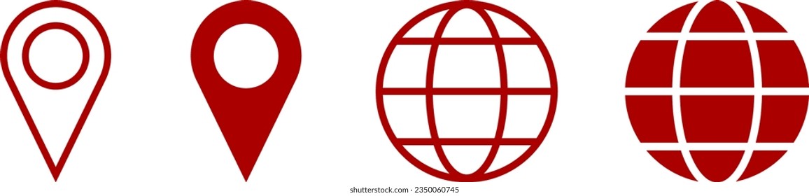 Set of Red World Globe Earth Web Map and Location Pointer Pin or You Are Here Marker Sign Icon Set. Vector Image.