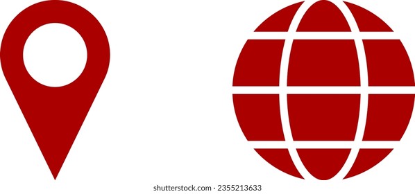 Conjunto de Pines de Indicadores de Localización y Mapa Web de la Tierra del Mundo Rojo o Aquí está el conjunto de iconos de señas del marcador. Imagen vectorial.