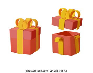 Set of Red wrapped gift box open holiday pack with golden bow ribbon 3d icon realistic vector illustration. Closed and open box icons set. Luxury package for festive present surprise birthday