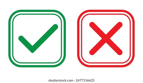 Conjunto de X roja y verde icono de marca de verificación con línea de trazo. Marca de verificación y diseño de icono de marca erróneo. Icono de marca de verificación de marca y cruz. Sí y sin Botones.  Ilustración vectorial.