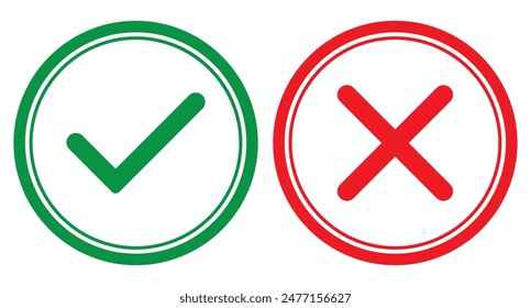 Conjunto de X roja y verde icono de marca de verificación con línea de trazo. Marca de verificación y diseño de icono de marca erróneo. Icono de marca de verificación de marca y cruz. Sí y sin Botones.  Ilustración vectorial.