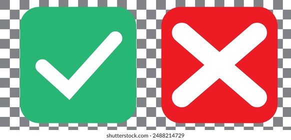 Set of red X and green check mark icons. Cross and tick symbols isolated on Transparent background.