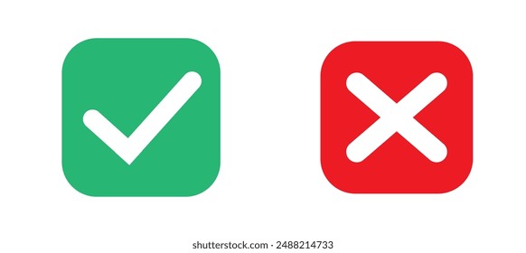 Conjunto de iconos de marca de verificación rojo X y verde. Símbolos de cruz y marca aislados en fondo transparente.