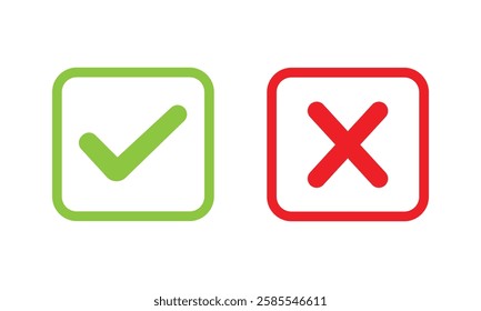 Set of red X and green check mark icons. Cross and tick symbols isolated on white  background.