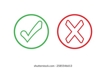 Set of red X and green check mark icons. Cross and tick symbols isolated on white  background.
