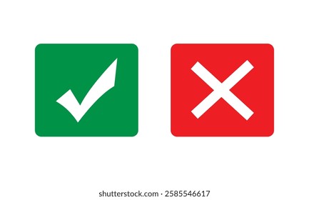 Set of red X and green check mark icons. Cross and tick symbols isolated on white  background.