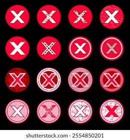 Set of red x icons with different textures and design options. there is no wrong character. delete, vote sign. graphic design element on black background