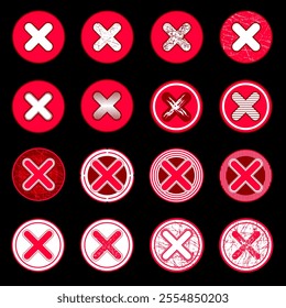 Set of red x icons with different textures and design options. there is no wrong character. delete, vote sign. graphic design element on black background