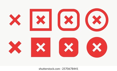 Set of red X icons in various shapes: square, circle, rounded square. Red X symbols in different styles. Collection of red X icons for design use. Vector element set.