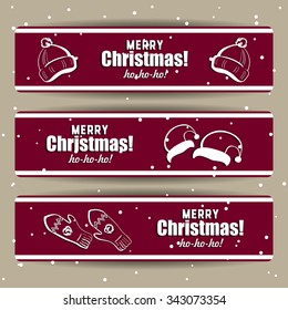 Set of red xmas banners with hand drawn elements. Vector illustration.