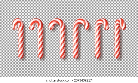 Set of red Xmas candy canes isolated on checkered background. 3d realistic holiday sweets. Templates of candies for Christmas and New Year cards, posters, banners, flyers. Vector illustration. 