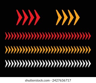 Conjunto de signos de flecha rojos y amarillos, flecha abstracta, cheurón. Diseño de flecha, dirección de rayas, ilustración vectorial