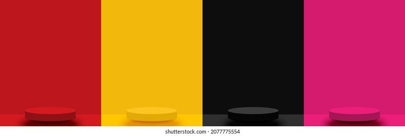 Set of Red, Yellow, Black, Pink, scene minimal background. 3d stage podium. Pedestal for product display, advertising, show. Banner for Christmas, Black Friday, Valentine, Summer. Vector illustration.