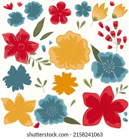 Set of red, yellow and blue abstract flowers and green leaves. White background. Vector hand-drawn illustration.