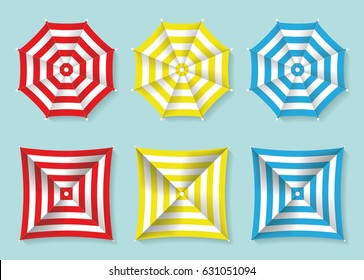 Set of red, yellow and blue beach umbrellas top view. Square and circle sun umbrellas. Vector illustration.