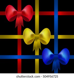Set of red, yellow and blue gift bows with ribbons for your card, banner, poster. Design elements. Vector illustration.