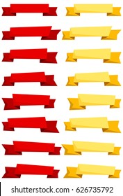 Set of red and yellow cartoon ribbons and banners for web design. Great design element isolated on white background. Vector illustration.
