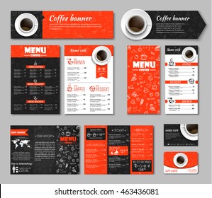 Set of red and yellow corporate identity of banners, menus, flyers, brochures, and a gift card. Template cup of black coffee, top view, and hand drawings. MOCKUP