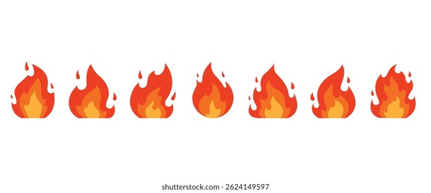 Set of red and yellow fire icons vector. Fire icons in flat style. Fire symbols. Vector illustration of fire, wildfire and campfire on transparent background.