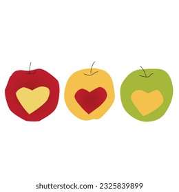 Conjunto de manzanas rojas, amarillas y verdes y con un corazón en el medio aislado en la ilustración vectorial de fondo blanco.