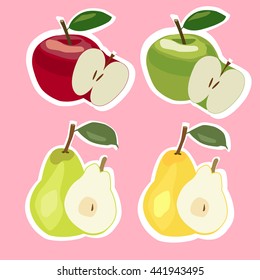 Set of red, yellow and green apples and pears stickers on pink background.