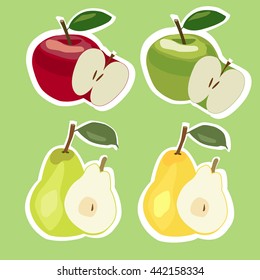 Set of red, yellow and green apples and pears stickers on green background.