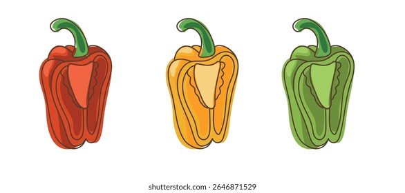 Conjunto de pimientos rojos, amarillos y verdes cortados por la mitad que muestran las semillas interiores en estilo de dibujos animados planos aislados sobre fondo blanco