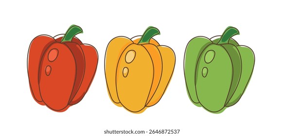 Conjunto de pimientos rojos, amarillos y verdes en forma completa con tallo en estilo plano de dibujos animados aislados sobre fondo blanco