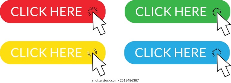 set of red yellow green blue click here button. arrow pointer click button vector illustration.
