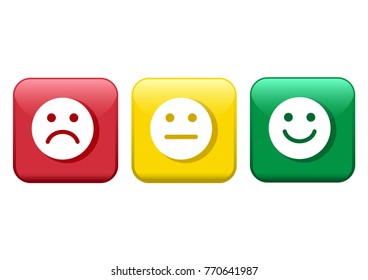 Set of red, yellow and green buttons. Face icons with negative, neutral and positive mood. Vector illustration