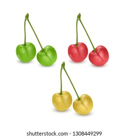 Set of red, yellow and green cherry berries isolated on white background. Vector illustration