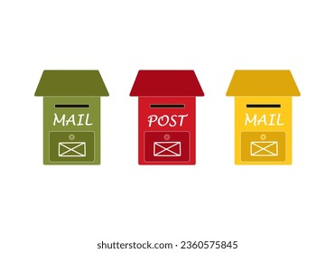 A set of red, yellow and green colored mailboxes with a slot for newspapers and letters. Mailbox with inscription mail and envelope sign. Vector illustration
