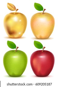 Set of red, yellow, green and gold apple on white background. Isolated vector illustration