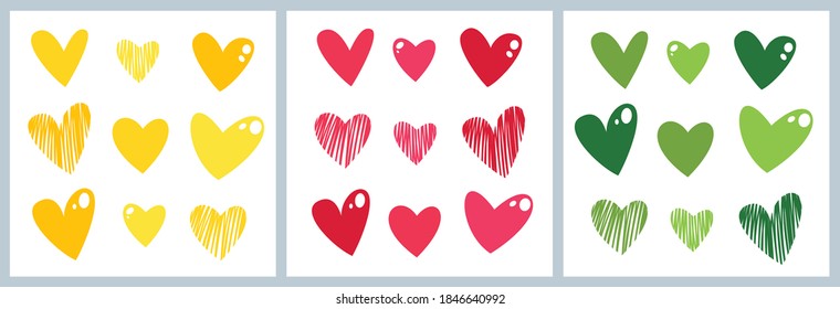 Set of red, yellow and green hearts. Hand-drawn, cute, festive. Suitable for lovers.