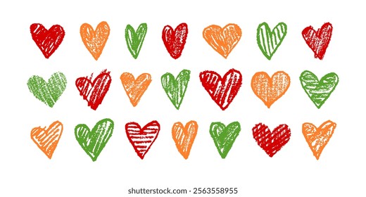 Set of red, yellow, green hearts, hand drawn with colored pencil with uneven edges, carelessly painted inside. Vector illustration for fabric design, wrapping paper.