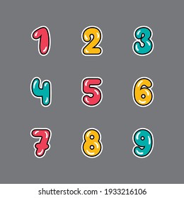 a set of red, yellow and green numbers with a black outline, 
one to nine on a gray background, vector