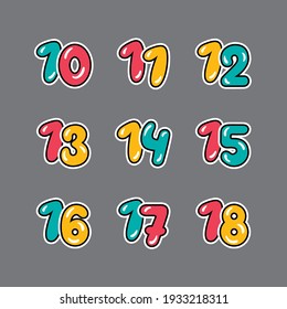 a set of red, yellow and green numbers with a black outline, 
from ten to eighteen on a gray background, vector